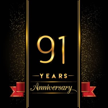 91 yıldönümü kutlama logo. yıldönümü logolu siyah arka plan, vektör tasarımı tebrik kartı ve davetiye için izole renkli konfeti altın
