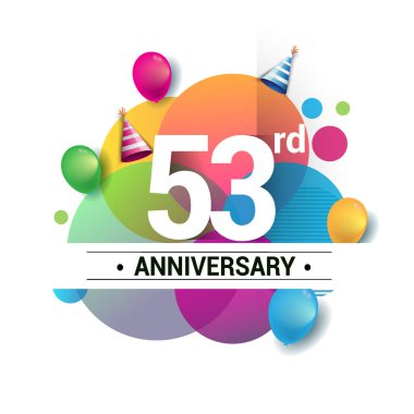 53 yıl yıldönümü logo, vektör tasarım Doğum günü kutlaması ile renkli geometrik, daireler ve beyaz arka plan üzerinde izole balonlar.