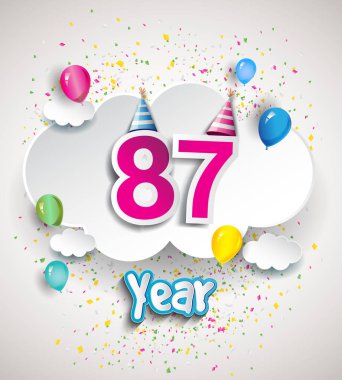 87 yıldönümü kutlama tasarım, bulutlar ve balon, konfeti ile. Vektör şablon öğeleri için senin, altmış sekiz yıl Doğum günü kutlama partisi.