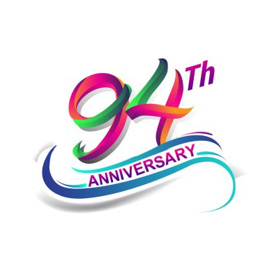 94 yıldönümü kutlama Logo yeşil ve kırmızı renkli. doksan yedi yıl Doğum günü logosu beyaz arka plan üzerinde.