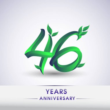 46 yıldönümü kutlama logo yaprakları ve yeşil renkli. 99 Doğum günü logosu beyaz arka plan üzerinde.