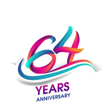 64 yıldönümü kutlama logo mavi ve kırmızı renkli. Doğum günü logosu beyaz arka plan üzerinde.
