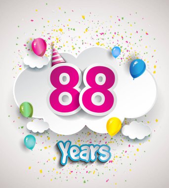 88 yıldönümü kutlama tasarım, bulutlar ve balon, konfeti ile. Vektör şablon öğeleri için senin, altmış sekiz yıl Doğum günü kutlama partisi.