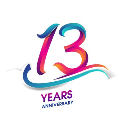 13 Yıldönümü kutlama logo mavi ve kırmızı renkli. Doğum günü logosu beyaz arka plan üzerinde.