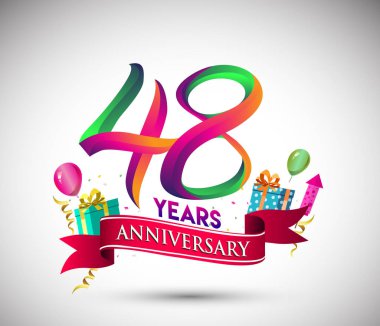 48 yıldönümü kutlama tasarımı için hediye kutusu ve balonlar, kırmızı kurdele, renkli vektör şablon öğeleri ile senin, doksan yedi yıl Doğum günü kutlama partisi.