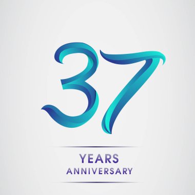 37 yıl yıldönümü kutlama logo mavi renkli izole üzerinde beyaz arka plan. 98 Doğum günü logosu için davetiye, afiş ve tebrik kartı