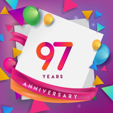 97 yıl yıldönümü kutlama tasarım, balonlar ve şerit, renkli tasarım öğeleri için afiş, davetiye, tebrik kartı, altmış üç Doğum günü kutlama partisi.
