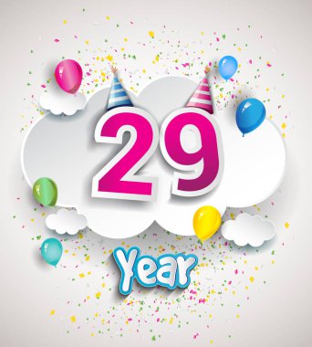 29 yıldönümü kutlama tasarım, bulutlar ve balon, konfeti ile. Vektör şablon öğeleri için senin, altmış sekiz yıl Doğum günü kutlama partisi.