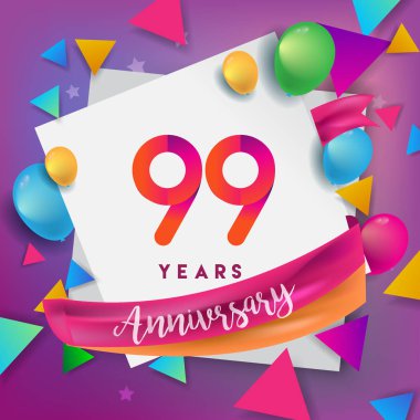 99 yıl yıldönümü kutlama tasarım, balonlar ve şerit, renkli tasarım öğeleri için afiş, davetiye, tebrik kartı, altmış üç Doğum günü kutlama partisi.