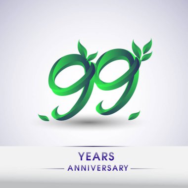 99 yıldönümü kutlama logo yaprakları ve yeşil renkli. 99 Doğum günü logosu beyaz arka plan üzerinde.