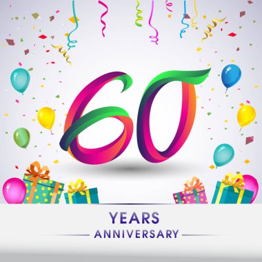 60 yıldönümü kutlama tasarım, hediye kutusu, balonlar ve konfeti, renkli vektör şablon öğeleri için senin, sekiz yıl Doğum günü kutlama partisi.