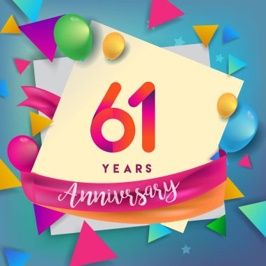 61 yıl yıldönümü kutlama tasarım, balonlar ve şerit, renkli tasarım öğeleri için afiş, davetiye, tebrik kartı, altmış üç Doğum günü kutlama partisi.