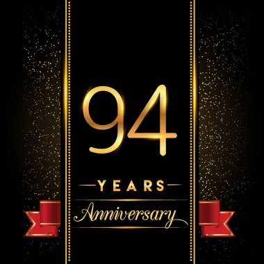 94 yıldönümü kutlama logo. yıldönümü logolu siyah arka plan, vektör tasarımı tebrik kartı ve davetiye için izole renkli konfeti altın