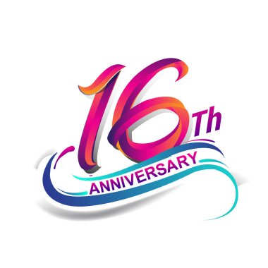 16 yıldönümü kutlama logo mavi ve kırmızı renkli. doksan dokuz yıl Doğum günü logosu beyaz arka plan üzerinde.