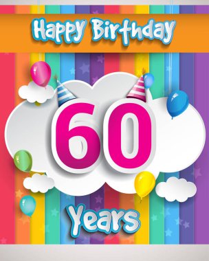 60 yıl Doğum günü kutlama çizmek için tebrik kartları ve afiş, bulut ve balon ile. Doğum günü kutlaması için tasarım şablonu.