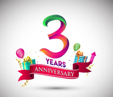 3 yıldönümü kutlama tasarımı için hediye kutusu ve balonlar, kırmızı kurdele, renkli vektör şablon öğeleri ile senin, doksan yedi yıl Doğum günü kutlama partisi.