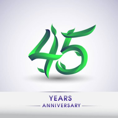 45 yıldönümü kutlama logo yaprakları ve yeşil renkli. 99 Doğum günü logosu beyaz arka plan üzerinde.