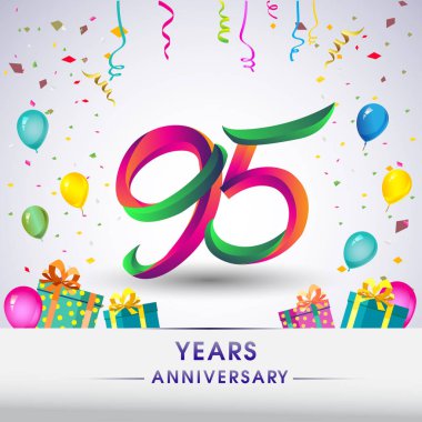 95 yıldönümü kutlama tasarım, hediye kutuları, balonlar ve konfeti, renkli vektör şablon öğeleri için senin, seksen iki yıl Doğum günü kutlama partisi.