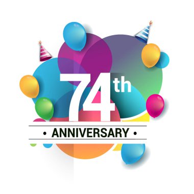 74 yıl yıldönümü logo, vektör tasarım Doğum günü kutlaması ile renkli geometrik, daireler ve beyaz arka plan üzerinde izole balonlar.