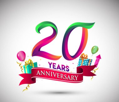 20 yıldönümü kutlama tasarımı için hediye kutusu ve balonlar, kırmızı kurdele, renkli vektör şablon öğeleri ile senin, doksan yedi yıl Doğum günü kutlama partisi.