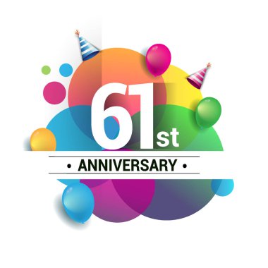 61 yıl yıldönümü logo, vektör tasarım Doğum günü kutlaması ile renkli geometrik, daireler ve beyaz arka plan üzerinde izole balonlar.