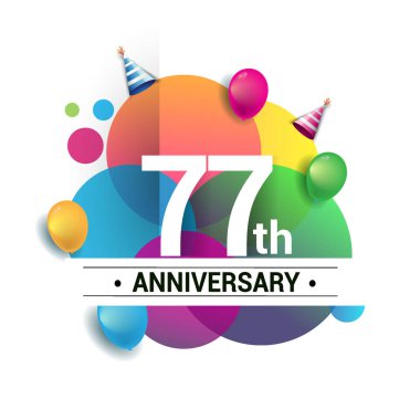 77 yıl yıldönümü logo, vektör tasarım Doğum günü kutlaması ile renkli geometrik, daireler ve beyaz arka plan üzerinde izole balonlar.