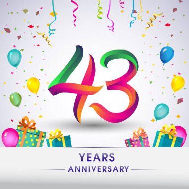 43 yıldönümü kutlama tasarım, hediye kutusu, balonlar ve konfeti, renkli vektör şablon öğeleri için senin, sekiz yıl Doğum günü kutlama partisi.