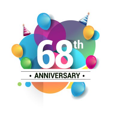 68 yıl yıldönümü logo, vektör tasarım Doğum günü kutlaması ile renkli geometrik, daireler ve beyaz arka plan üzerinde izole balonlar.