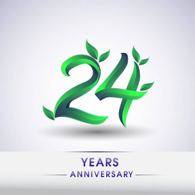 24 yıldönümü kutlama logo yaprakları ve yeşil renkli. 99 Doğum günü logosu beyaz arka plan üzerinde.