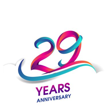 29 yıldönümü kutlama logo mavi ve kırmızı renkli. Doğum günü logosu beyaz arka plan üzerinde.