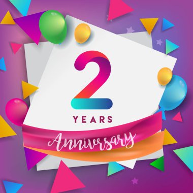 2 yıl yıldönümü kutlama tasarım, balonlar ve şerit, renkli tasarım öğeleri için afiş, davetiye, tebrik kartı, altmış üç Doğum günü kutlama partisi.