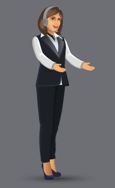 İş pozisyonu veya sunuyu pozlar, vektör çizim ayakta ile siyah elbiseli kadını