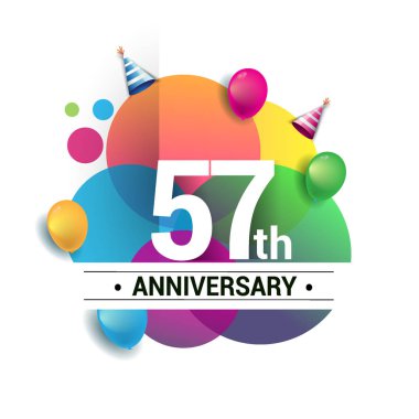 57 yıl yıldönümü logo, vektör tasarım Doğum günü kutlaması ile renkli geometrik, daireler ve beyaz arka plan üzerinde izole balonlar.