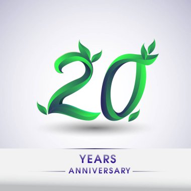 20 yıldönümü kutlama logo yaprakları ve yeşil renkli. 99 Doğum günü logosu beyaz arka plan üzerinde.