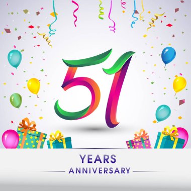 51 yıldönümü kutlama tasarım, hediye kutusu, balonlar ve konfeti, renkli vektör şablon öğeleri için senin, sekiz yıl Doğum günü kutlama partisi.