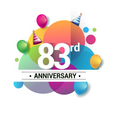 83 yıl yıldönümü logo, vektör tasarım Doğum günü kutlaması ile renkli geometrik, daireler ve beyaz arka plan üzerinde izole balonlar.
