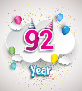 92 yıldönümü kutlama tasarım, bulutlar ve balon, konfeti ile. Vektör şablon öğeleri için senin, altmış sekiz yıl Doğum günü kutlama partisi.