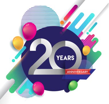 20 yıl yıldönümü logosu ile renkli arka plan, tasarım şablonu öğeleri için davetiye ve afiş, Doğum günü kutlaması vektör.