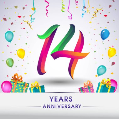 14 yıldönümü kutlama tasarım, hediye kutusu, balonlar ve konfeti, renkli vektör şablon öğeleri için senin, sekiz yıl Doğum günü kutlama partisi.