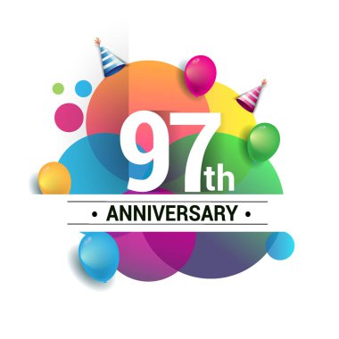 97 yıl yıldönümü logo, vektör tasarım Doğum günü kutlaması ile renkli geometrik, daireler ve beyaz arka plan üzerinde izole balonlar.