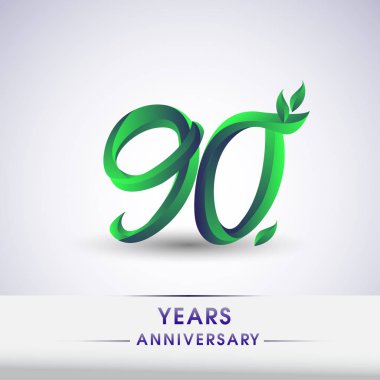 90 yıldönümü kutlama logo yaprakları ve yeşil renkli. 99 Doğum günü logosu beyaz arka plan üzerinde.