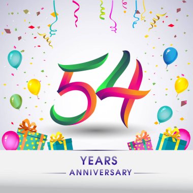 54 yıldönümü kutlama tasarım, hediye kutusu, balonlar ve konfeti, renkli vektör şablon öğeleri için senin, sekiz yıl Doğum günü kutlama partisi.