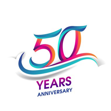 50 yıldönümü kutlama logo mavi ve kırmızı renkli. Doğum günü logosu beyaz arka plan üzerinde.