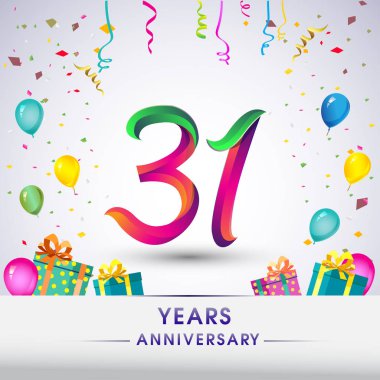 31 yıldönümü kutlama tasarım, hediye kutusu, balonlar ve konfeti, renkli vektör şablon öğeleri için senin, sekiz yıl Doğum günü kutlama partisi.