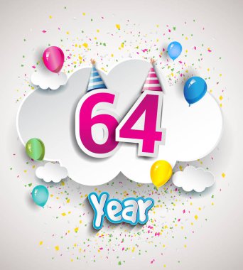 64 yıldönümü kutlama tasarım, bulutlar ve balon, konfeti ile. Vektör şablon öğeleri için senin, altmış sekiz yıl Doğum günü kutlama partisi.