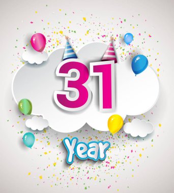 31 yıldönümü kutlama tasarım, bulutlar ve balon, konfeti ile. Vektör şablon öğeleri için senin, altmış sekiz yıl Doğum günü kutlama partisi.