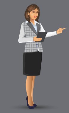 Öğretmen veya öğretim poz sunuda, kadın öğretmen karikatür figürü sundu, dersler, eğitim, sınıf vektör çizim