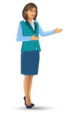 Öğretmen veya öğretim poz sunuda, kadın öğretmen karikatür figürü sundu, dersler, eğitim, sınıf vektör çizim