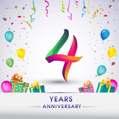 4 yıldönümü kutlama tasarım, hediye kutusu, balonlar ve konfeti, renkli vektör şablon öğeleri için senin, sekiz yıl Doğum günü kutlama partisi.