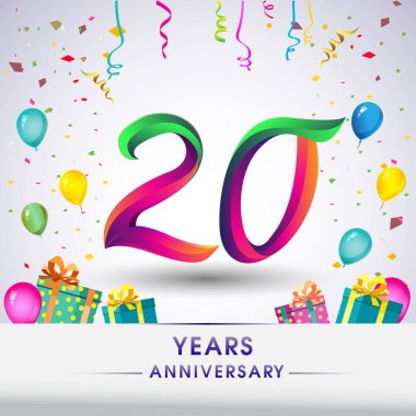 20 yıldönümü kutlama tasarım, hediye kutusu, balonlar ve konfeti, renkli vektör şablon öğeleri için senin, sekiz yıl Doğum günü kutlama partisi.